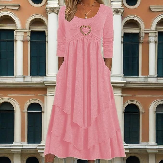 Winter Dresses for Women Wedding Guests Casual Cute Heart Long Sleeve Tiered Maxi Dress with Pockets Plus Size