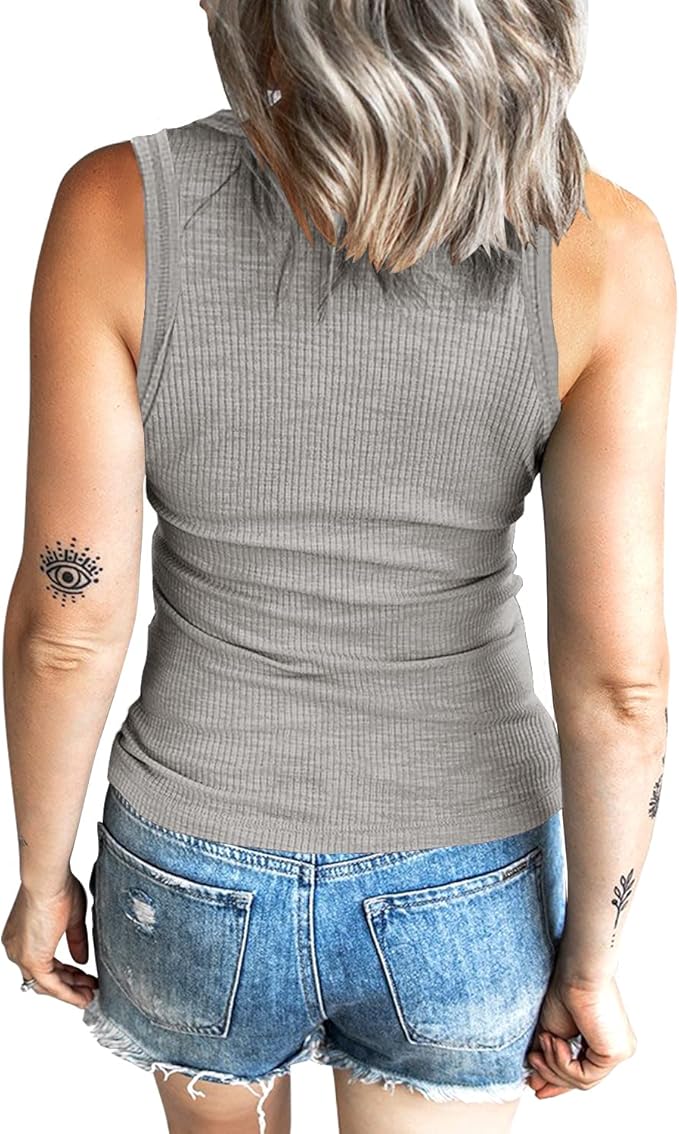 KINLONSAIR Women's Sleeveless Henley Tank Tops Ribbed V Neck Button Down T Shirts Summer Slim Fit Tee Tops