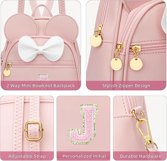 KKXIU Girls Initial Bowknot Cute Mini Backpack for Toddler, Travel Small Girl Backpacks, Personalized Valentine's Day Gifts for Little Girls and Kids(J, Pink)