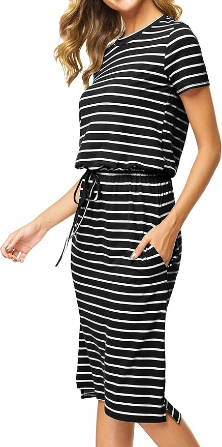 Simier Fariry Womens Spring Hide Belly Knee Length Travel Dress Pocket Summer Short Sleeve Midi Work Casual Outfits