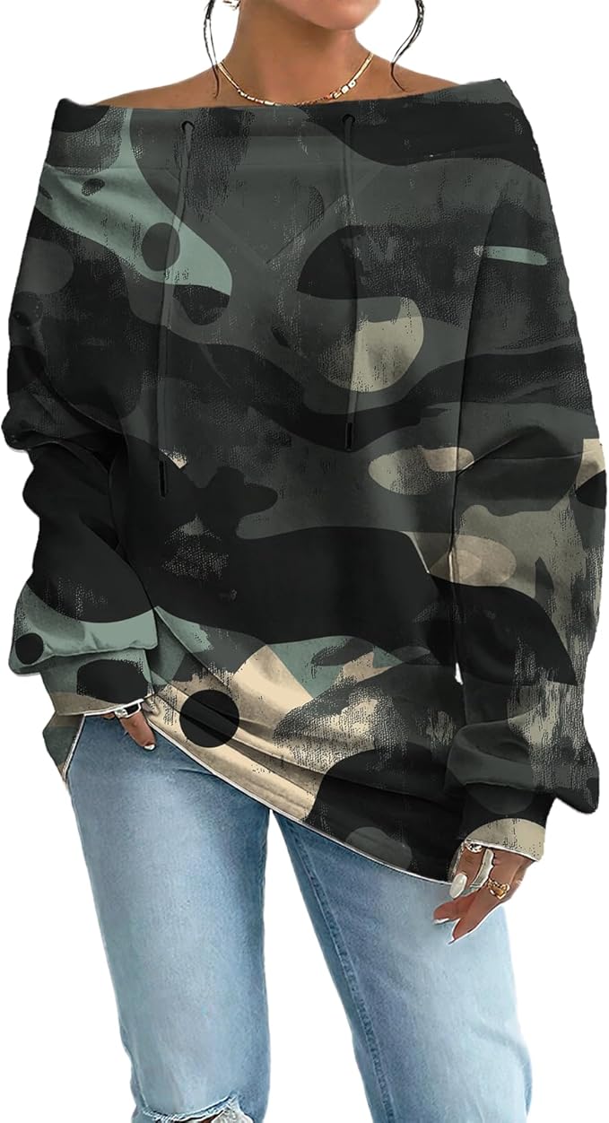 Womens Sweatshirts Floral Print Sexy Off The Shoulder T Shirts Oversized Long Sleeve Pullover Fall Tops