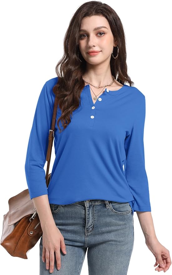 PGANDS Women's 3/4 Length Sleeve T Shirts Button Down Scoop Neck Casual Tops