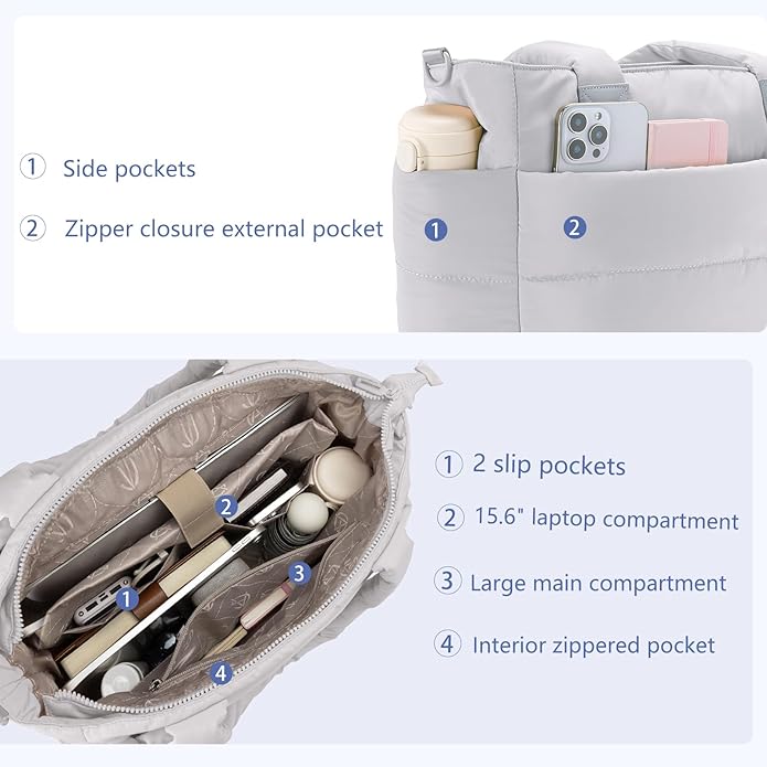 Tote Bag for Women Puffer Tote Bag Large Nurse Bags Shoulder Handbag with Zipper for Work Travel