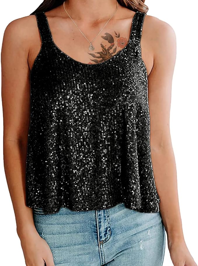 Sequin Top for Women Summer Scoop Neck Trendy Y2k Shining Shirts Casual Sleeveless Camisole Party Base Tank Tops