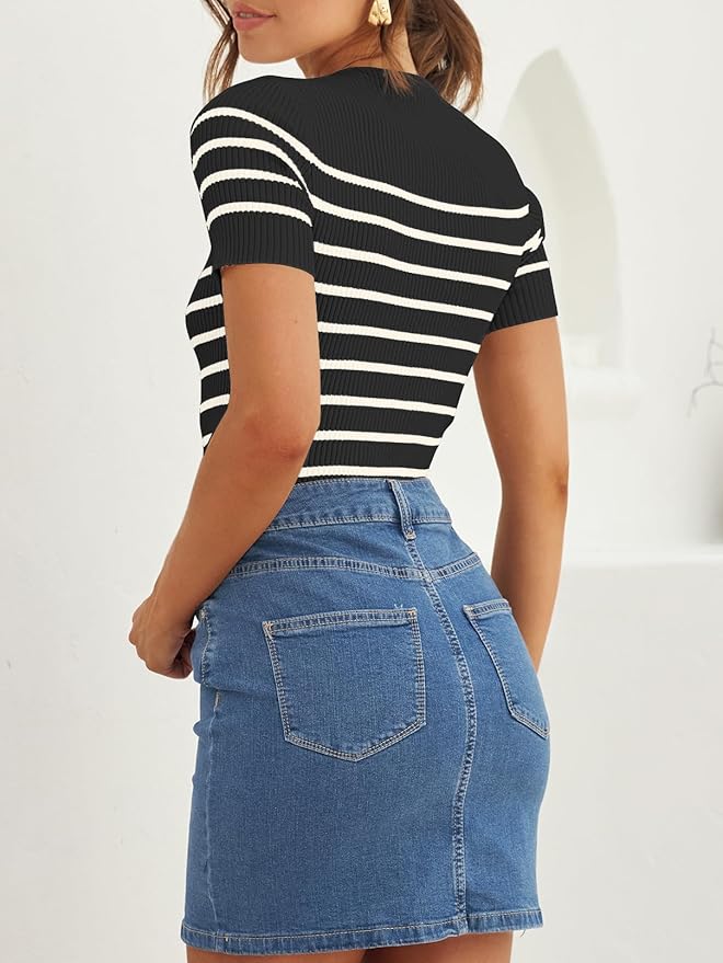 ZESICA Women's Short Sleeve Crewneck Striped T Shirt 2026 Summer Ribbed Knit Slim Fit Casual Basic Tee Tops