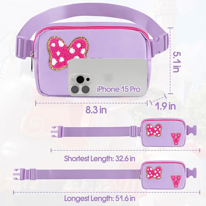 Chenille Initial Letter Bow Mouse Fanny Pack, Waterproof Park Crossbody Bag Christmas Birthday Gifts for Teen Girls Daughter Women Kids Adults, Cute Belt Bag Must Haves for Park Travel (V, Purple)