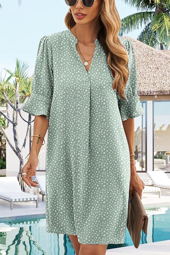 QACOHU Summer Dresses for Women V Neck Ruffle Short Sleeve Casual Shift Dress