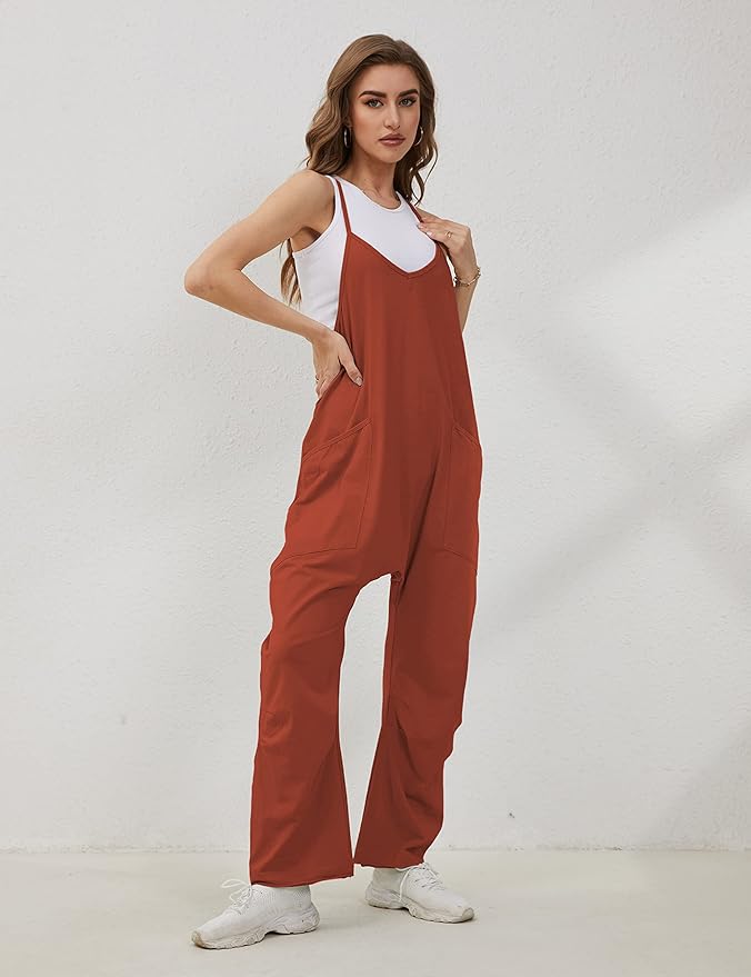 Lentta Women's Causal Jumpsuits V Neck Sleeveless Harem Overalls Stretchy Adjustable Strap Romper with Pockets
