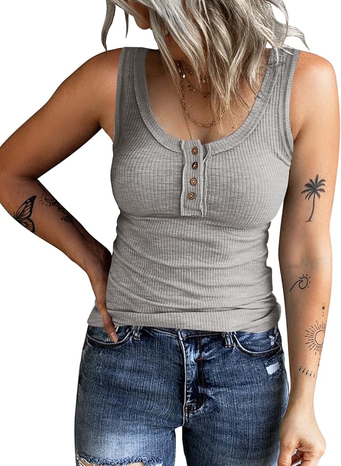 KINLONSAIR Women's Sleeveless Henley Tank Tops Ribbed V Neck Button Down T Shirts Summer Slim Fit Tee Tops