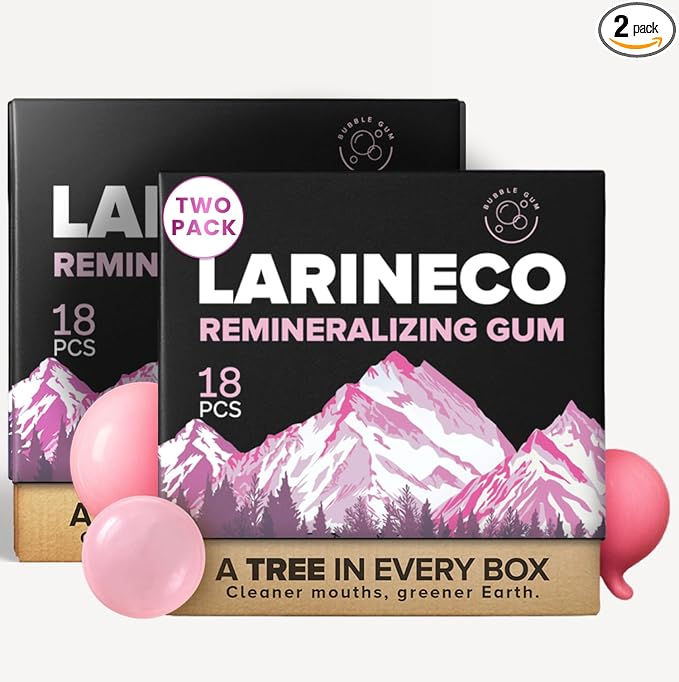 Larineco Remineralizing Gum with Nano Hydroxyapatite & Xylitol – Sugar-Free Cinnamon Xylitol Gum – Plastic-Free, Dye-Free, Aspartame-Free – Natural Base – 18 Pieces (18 Count (Pack of 2), Bubble Gum)
