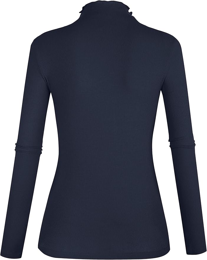 POPZONE Women's Lettuce Trim Mock Neck Long Sleeve Slim Fit Ribbed Knit Tee Shirt Tops