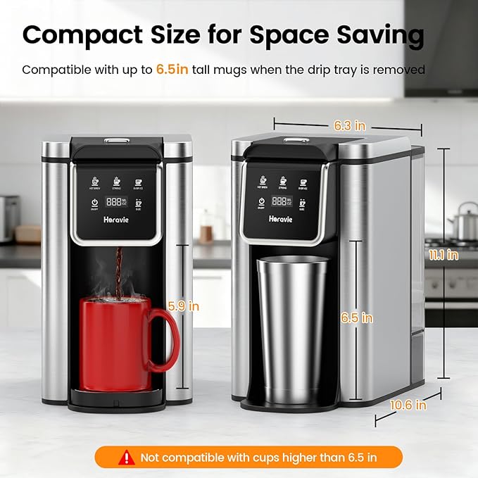 Horavie Single Serve Coffee Maker for K-Cup Pod and Grounds, Hot and Iced Coffee Maker, 6 to 14oz Brew Sizes, 50oz Removable Reservoir, Strong Button Feature, Fit 6.5" Mugs, Stainless Steel, Black