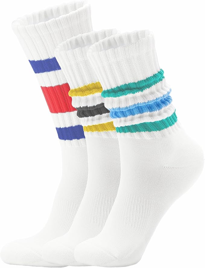 Acomono Retro Striped Slouchy Crew Socks for Men & Women 3 Pairs Cotton Athletic Tube Cushioned Calf Tennis Socks Size 5–11