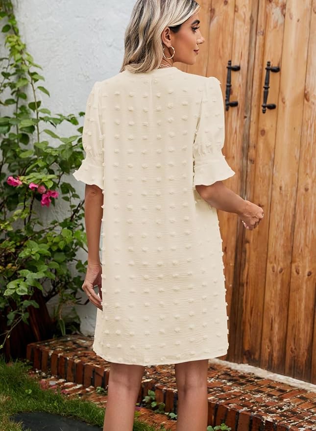 QACOHU Summer Dresses for Women V Neck Ruffle Short Sleeve Casual Shift Dress