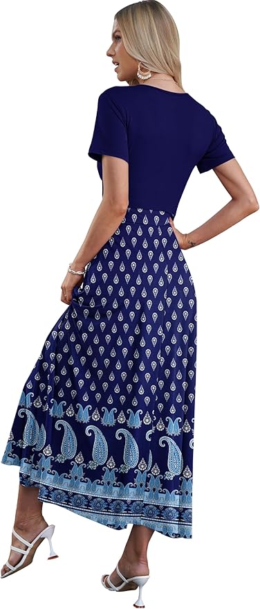 AUSELILY Maxi Dresses for Women Ankle Length Floral Print Beach Long Flowy Dress with Pockets