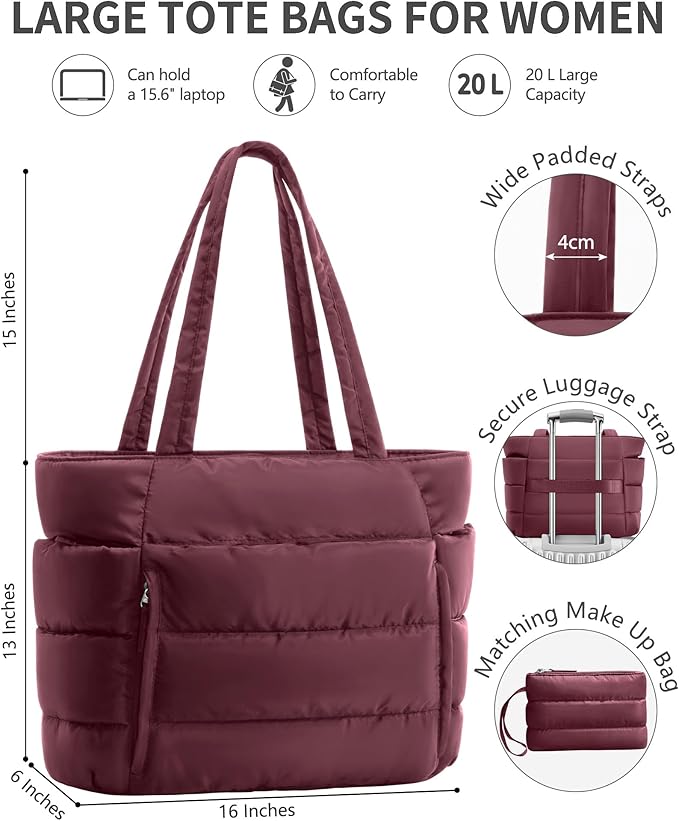 Puffer Tote Bag for Women, Lightweight Puffy Work Handbag Teacher Nurse Quilted Shoulder Bag for School Travel Gym | Quilted, with Zipper, Daily Carry On Bags, Comfy College Bags, 15.6" Laptop Sleeve, Cup Holder Pocket, Portable, Spacious