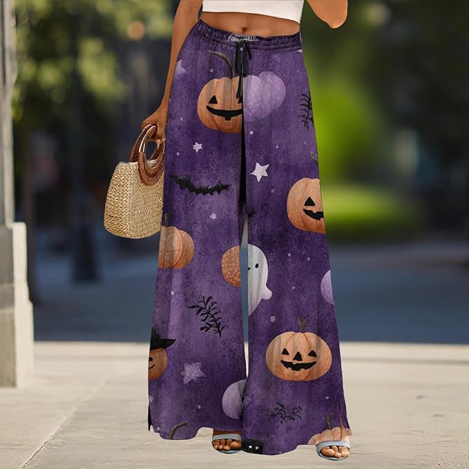 domirica Halloween Pants Women Drawstring Elastic Waist Wide Leg Pants Ladies Pumpkin Ghost Pajama Vintage Street Wear