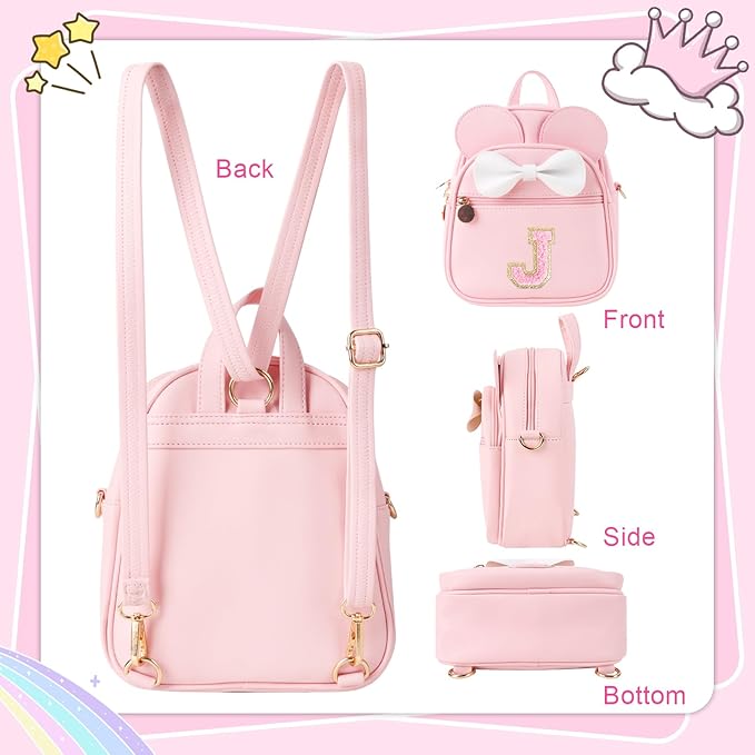 UIXIZQ Personalized Toddler Backpack for Girls 3–10, Cute Mini Bowknot Mouse-Ear Toddler Bookbag Crossbody Purse, Small Daypack Wallet Set, Initial Birthday Gift, Trendy Little Kids/Teen Bag(Pink,J)