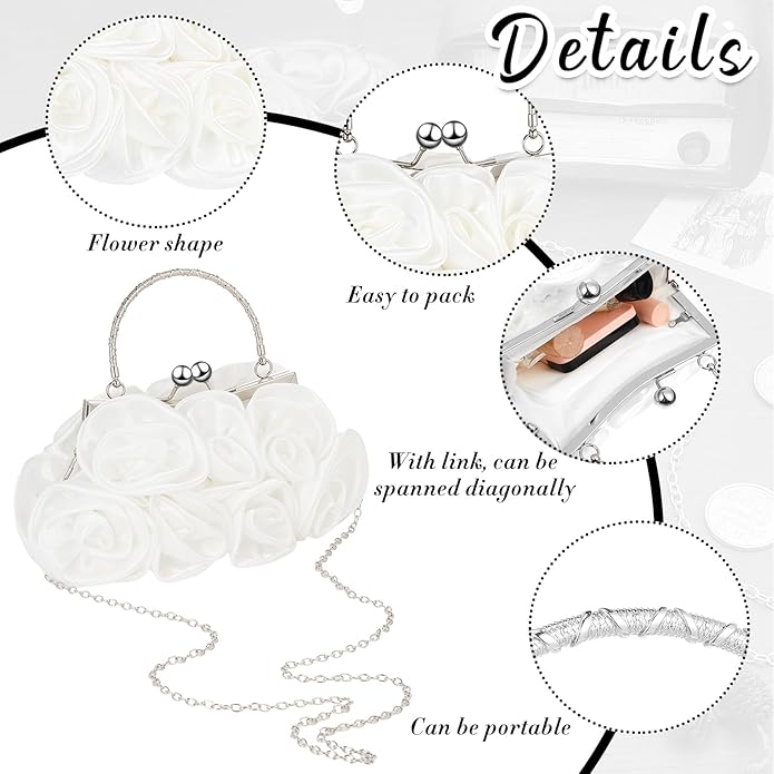 4 Pcs Flower Clutch Rhinestone Jewelry Set Rose Clutch Handbags with Detachable Strap Detachable Necklace Earrings Bracelets for Wedding Party Prom Valentine Gift