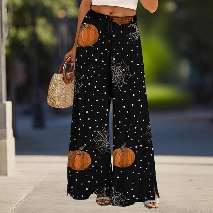 domirica Halloween Pants Women Drawstring Elastic Waist Wide Leg Pants Ladies Pumpkin Ghost Pajama Vintage Street Wear