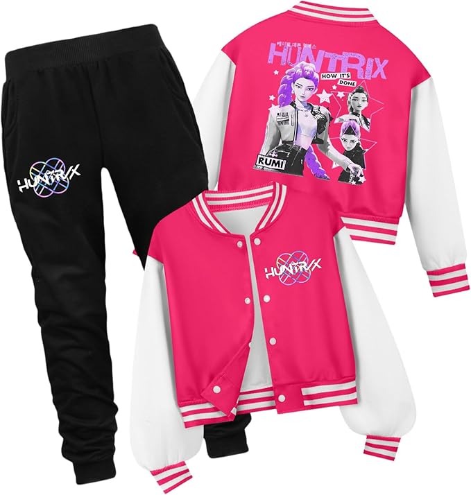 K PopGirls Kpop Tracksuit Cute Cartoon Print Baseball Coats Fashion Long Sleeve Jackets and Pants Christmas Costume Set