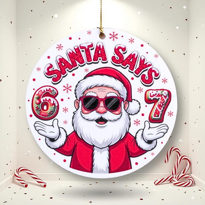 67 Funny Christmas Ornament – 67 Meme Santa Says Six Seven Acrylic Mica Ornament, Funny Teen Slang Xmas Tree Decor, Viral Meme Gift for Gen Z Boys Girls