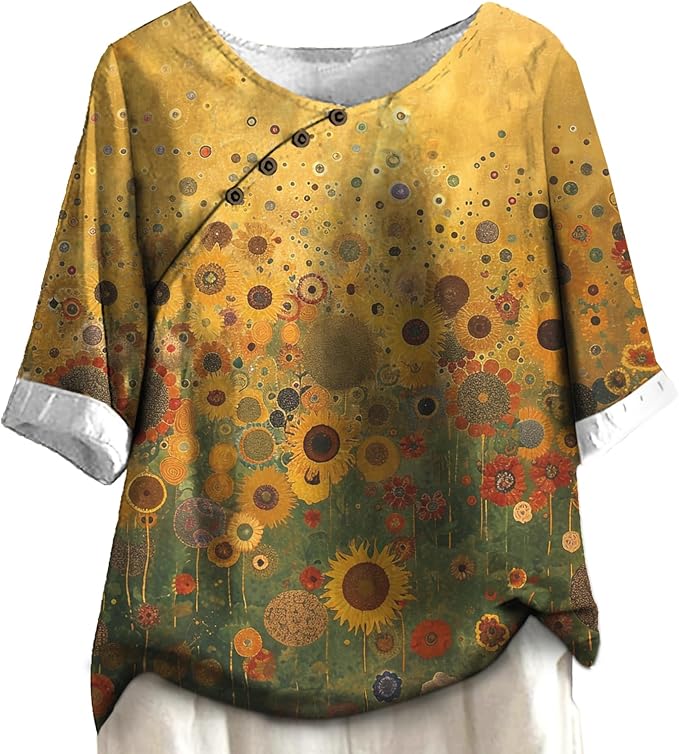 Women's Shirts Dressy Casual Asymmetric Side Button Down Design Tops Summer Loose Fit Crewneck Graphic Tees