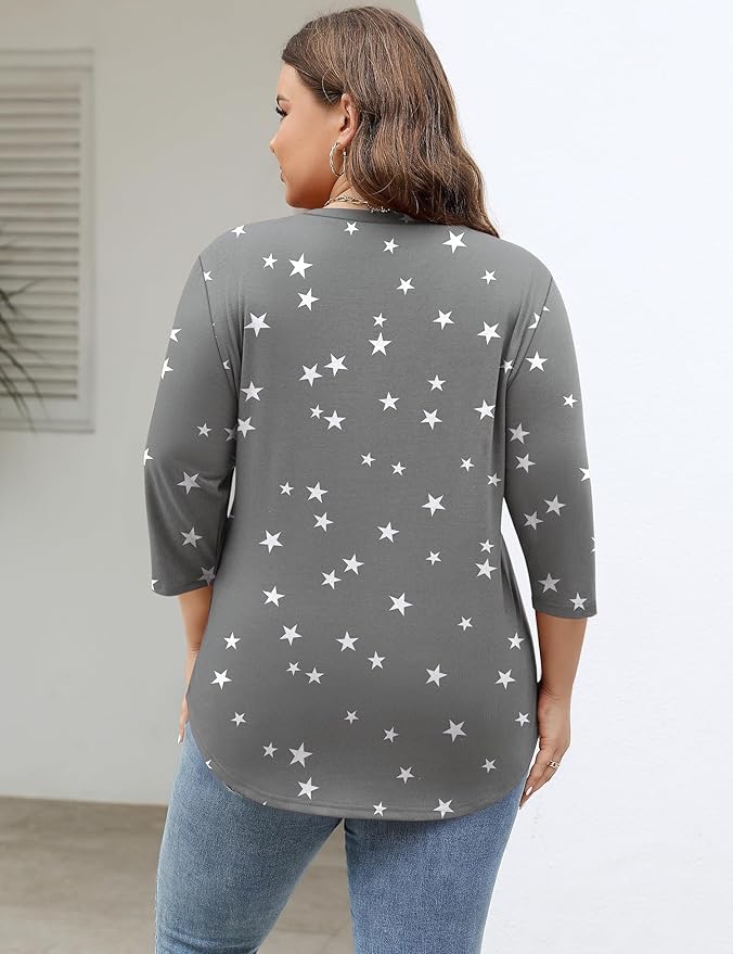 TFSDOD Womens Plus Size Tops V Neck T Shirts 3/4 Sleeve Blouse Summer Casual Tees XL-5X