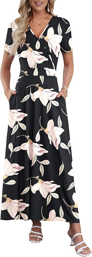 AUSELILY Maxi Dresses for Women Ankle Length Floral Print Beach Long Flowy Dress with Pockets