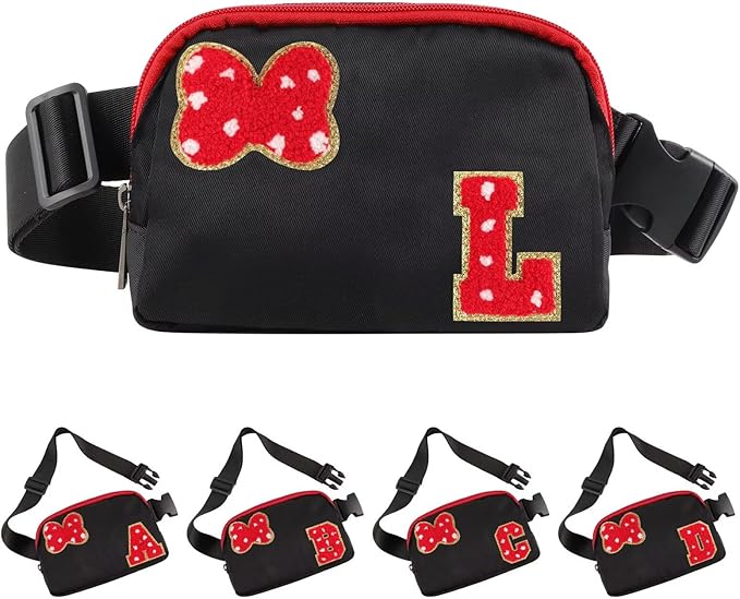 Initial Letter Bow Mouse-Ear Fanny Pack for Teen Girls,Cute Chenille Belt Bag Crossbody Travel Waist Pack for Women&Kids,Personalized Gift for Theme Park,School & Travel, Birthday Christmas(L)