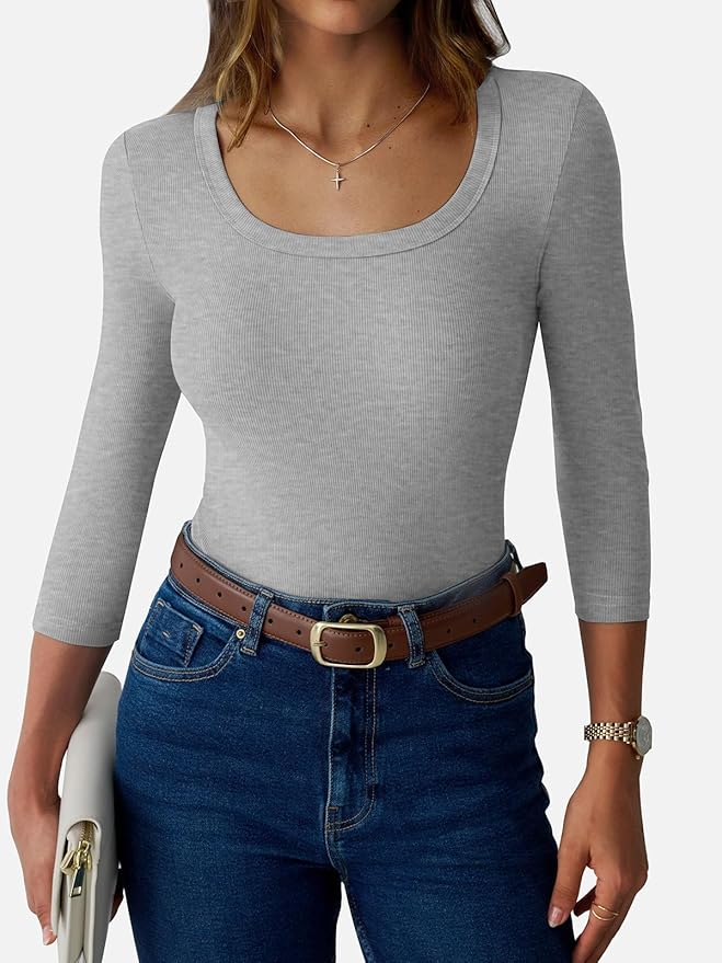 Womens 3/4 Sleeve Scoop Neck Top Ribbed Knit Slim Fitted Casual Basic Tee Shirts 2025 Fall Trendy Work T-Shirt Outfits