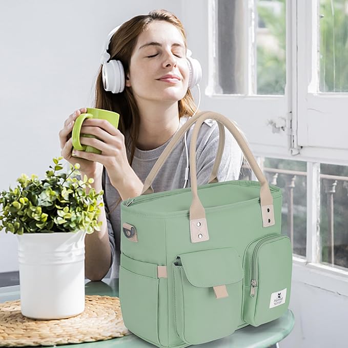 Hafmall Large Insulated Lunch Bag for Women, Leakproof Lunch Box for Men, Wide Opening Lunch Tote Bag with Shoulder Strap, Reusable Adult Lunch Bag For Work, Picnic, Green