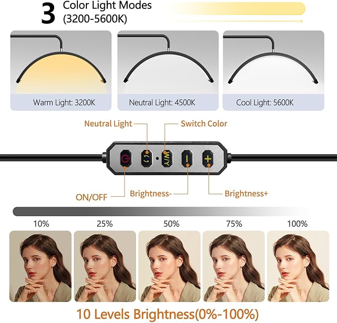 Lash Light for Eyelash Tech-Esthetician Ring Light, Half Moon Light for Led Lash Lamp Extensions, Tattoo Artists, Nail Tech - Cool, Warm Lamp with Adjustable Brightness & Height, Phone Holder (Black)