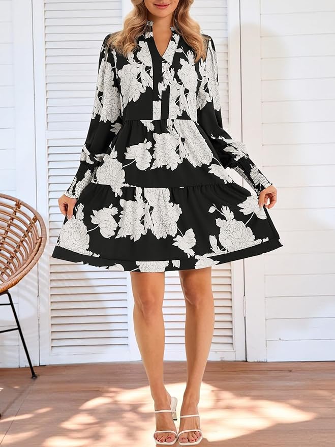 Imily Bela Womens Fall Long Sleeve Tunic Dress Casual V Neck Loose Ruffle Tiered Dress