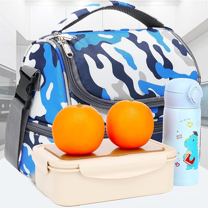 FlowFly Kids Double Decker Cooler Insulated Lunch Bag Large Tote for Boys, Girls, Men, Women, With Adjustable Strap, Blue Camo