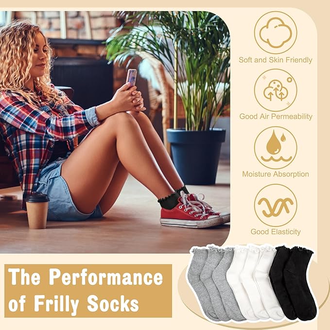 Justay 8 Pairs Ruffle Socks Woman Cute Frilly Soft Cotton Crew Ankle Socks for Women Gifts