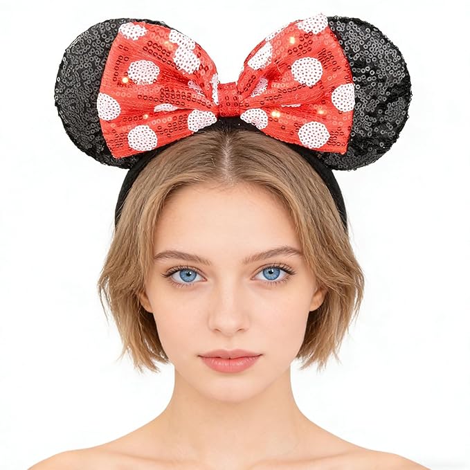 HoveBeaty Mouse Ears Headbands Shiny Sequin Bows Hairband Hair Accessories for Christmas Holloween Cosplay Parties