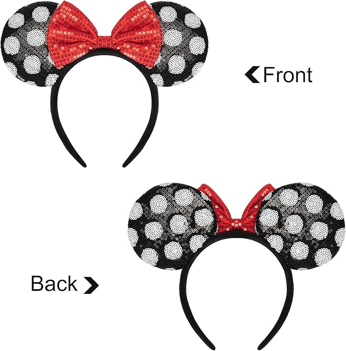 YUNISS 2 PCS Mouse Ears, Shiny Sequin Bow Mouse Ears Headbands for Adult Women Girls Christmas Birthday Party