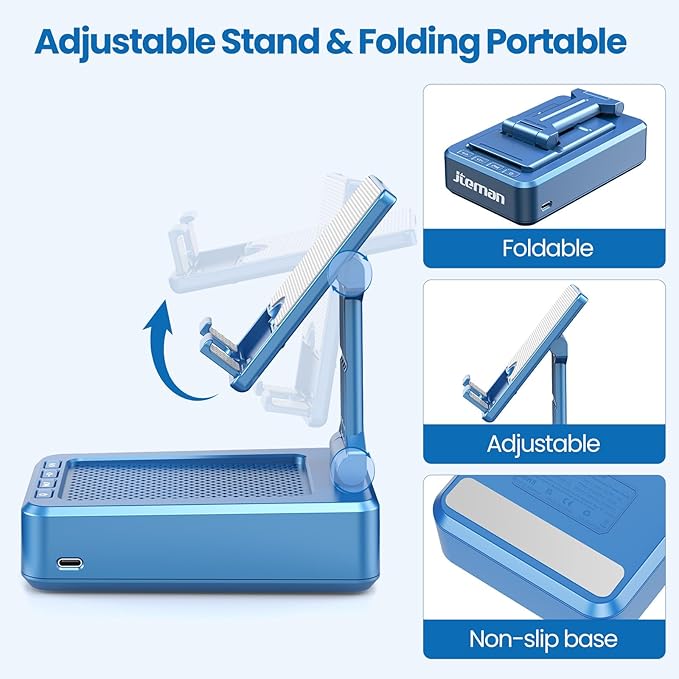 JTEMAN Phone Stand with Wireless Bluetooth Speaker, HD Surround Sound Bluetooth Speaker for Desk Perfect for Home Kitchen Gadgets Gifts,Compatible with iPhone/ipad/Samsung Galaxy(Blue)