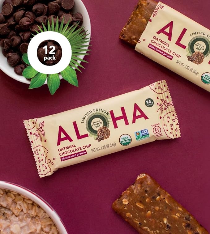 ALOHA Organic Plant Based Protein Bars - Oatmeal Chocolate Chip - 12 Count, 1.9oz Bars - Vegan Snacks, Low Sugar, Gluten-Free, Low Carb, Paleo, Non-GMO, Stevia-Free, No Sugar Alcohols