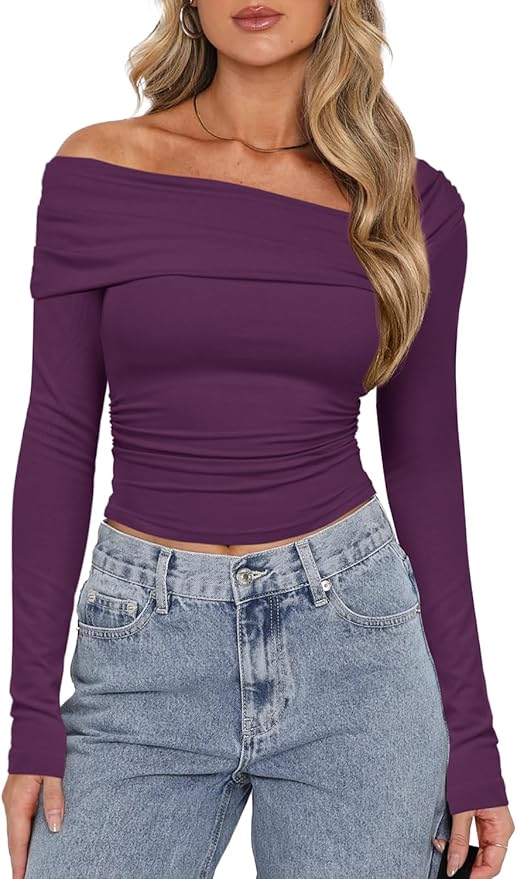 Darong Women's Off Shoulder Tops Y2K Shirt Slim Fit Ruched Crop Top Long Sleeves Spring Fall Blouse Going Out Shirt
