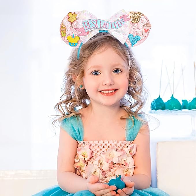 HAMUTH Mouse Ear Headband, Birthday Decorations Ears for Women Girls Adult, Best Day Ever Costume for Party Trip Parks Cosplay Essentials