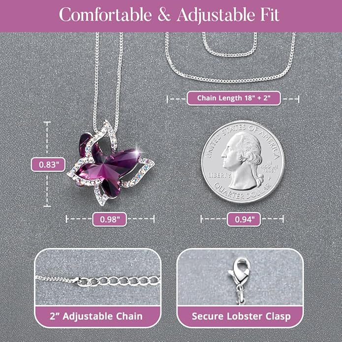 GEMMANCE Gift Butterfly Birthstone Crystal Necklace, Silver Tone with 18”+2” Chain, Necklace for Mother’s Day Anniversary Birthday Gifts for Women and Daughter, Valentine's Day