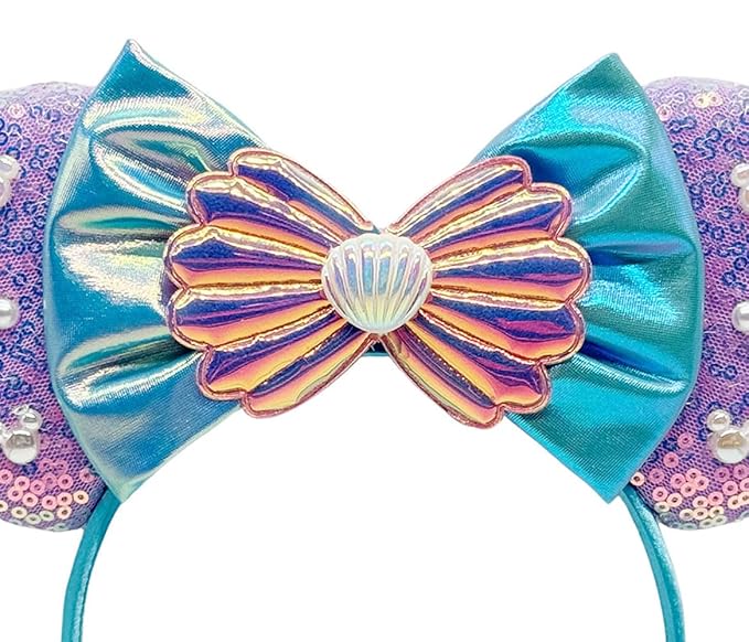 WW-WONDERFULWORLD Purple Mermaid Mouse Ears Headbands With Shiny Sequins & Shell & Pearl Exquisite Decoration, for Costume Cosplay Glitter Party; BK-Z