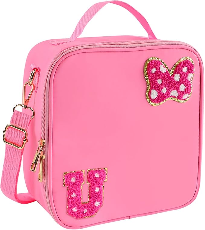 Preppy Initial Bow Mouse Lunch Bag, Kids Insulated Lunch Box Gifts for Teen Girls Daughter, Reusable Soft Lunch Containers Crossbody Cooler Bag Must Haves for Park Travel School Work Picnic Pink U