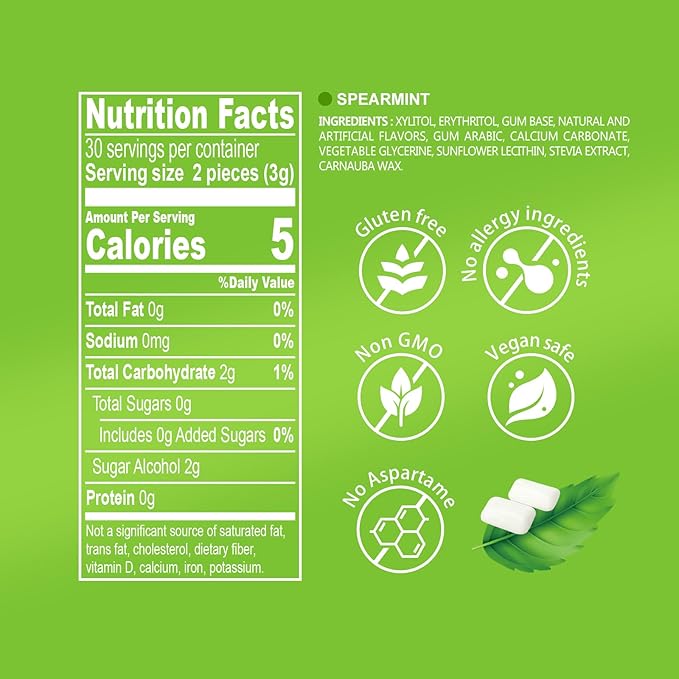DC24 DAILY CARE Gum, Aspartame Free & Sugar Free, Xylitol Chewing Gum with Erythritol, Low-Calorie, Sugarless, Spearmint, 50 Pieces (Pack of 1)