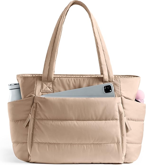 Tote Bag for Women with Zipper, Quilted Puffer Tote Bag with Compartments, Lightweight Puffy Work Bags for Women Travel