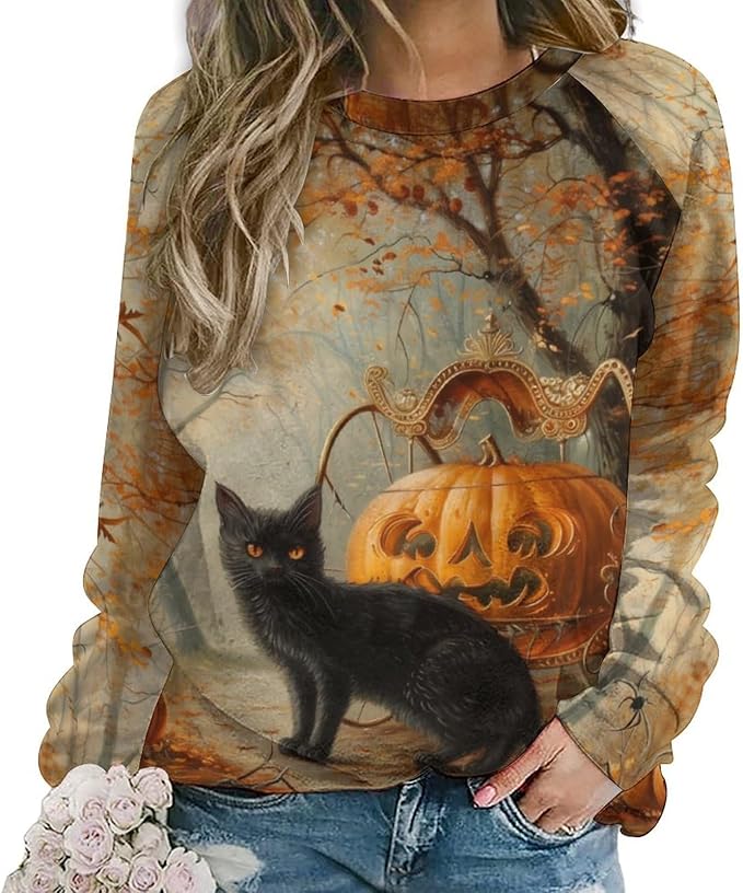 Spatofa Womens novelty funny cat printed crewneck sweatshirt casual loose long sleeve graphic pullover sweatshirts tops