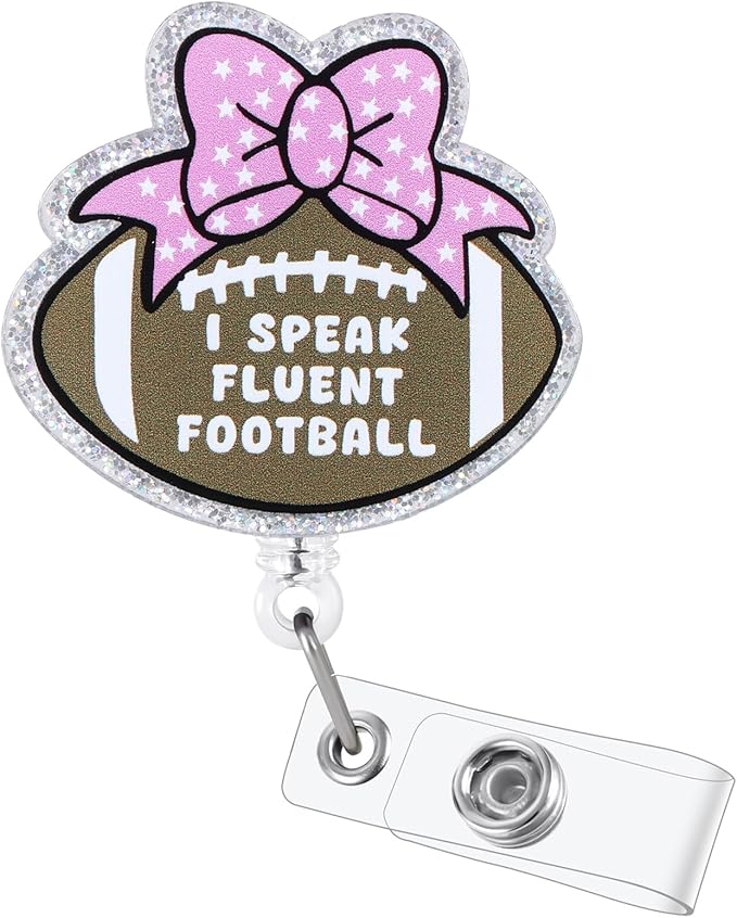 Funny Girly Football Badge Reel, Cute ID Badge Holder with Retractable Clip, Pink Bow Badge Clip for RN CNA LPN Hospital Medical Worker Doctor Teacher Nursing Student Fans Players Sports Journalists