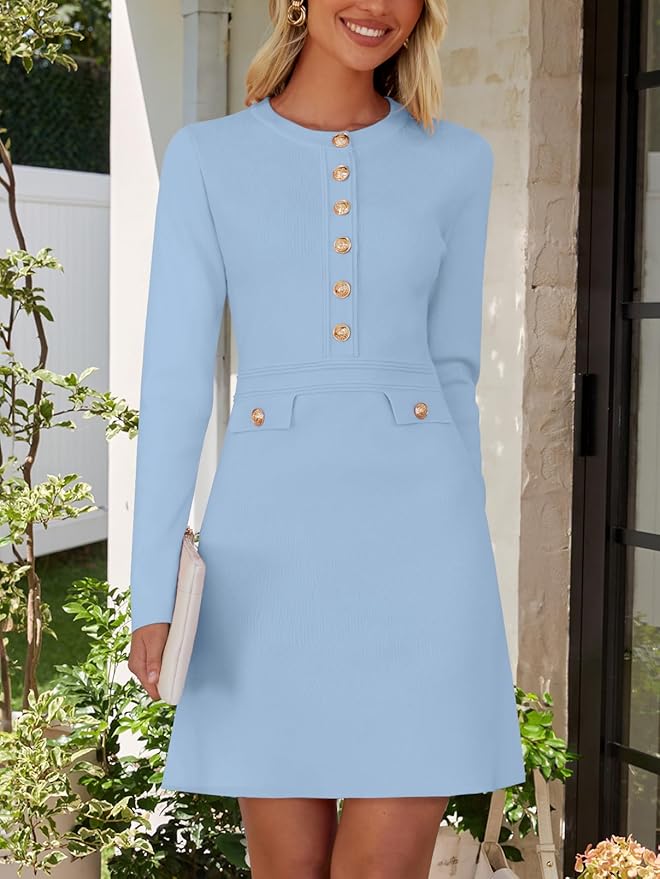 NENONA Women's 2026 Long Sleeve Fall Winter Sweater Dress Spring Fashion Button Elegant Business Casual Work Mini Dresses
